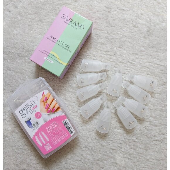 Gel Nail Manicure Set - Gelish Short Round Tips, Nail Glue, Soak Off Clamps NEW - Picture 1 of 5